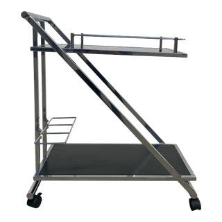 Mid Century Modern Chrome &Glass Two Tier Glass Top Bar Cart With Casters For Sale