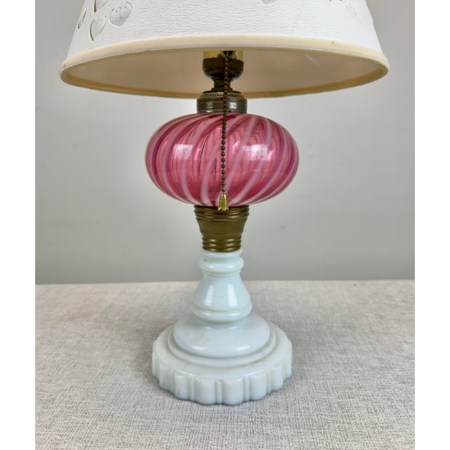 Fenton Art Glass Company Antique Fenton / L G Wright Style Cranberry & Milk Glass Converted Oil Lamp For Sale - Image 4 of 10