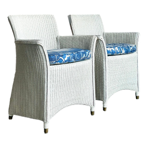 Vintage Boho Woven Rattan Lounge Chairs in Meg Braff Floral- A Pair