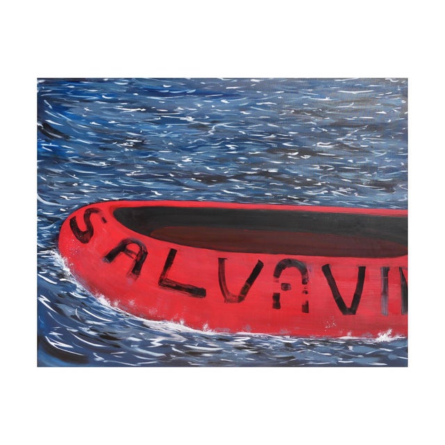 Moisés Villafuerte "Salvavida" Blue, Red, and White Contemporary Seascape Painting with Texts, 2023 For Sale - Image 4 of 11