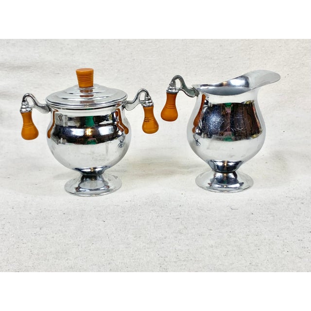 Mid-Century Modern Vintage Chrome and Bakelite Sugar and Creamer Set For Sale - Image 3 of 11