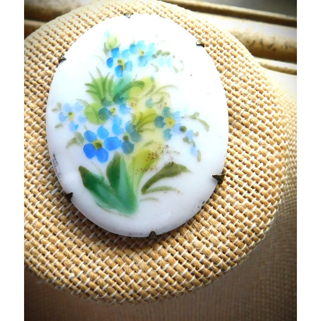 Metal Antique Art Nouveau 1910 Hand-Painted Blue Dogwood Flower Porcelain Brooch For Sale - Image 7 of 11