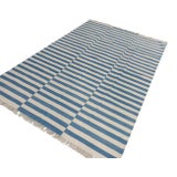 Handmade Cotton Striped Rug, Washed Blue And White 8'x10' For Sale