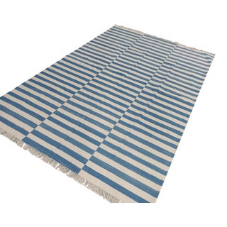 Handmade Cotton Striped Rug, Washed Blue And White 8'x10' For Sale