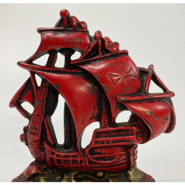 Early 20th Century Vintage Cast Iron Red Ship Doorstop For Sale - Image 5 of 6
