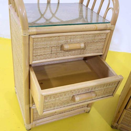 Wood Rattan Nightstands with Four Drawers and Glass Top, Set of 2 For Sale - Image 7 of 12