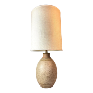 1977 Signed Handmade Ceramic & Wood Table Lamp — Unglazed + Speckled Glaze, Vintage Studio Craft