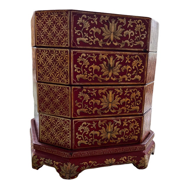 Vintage Chinese Red Lacquer Stacking Jewelry Box For Sale