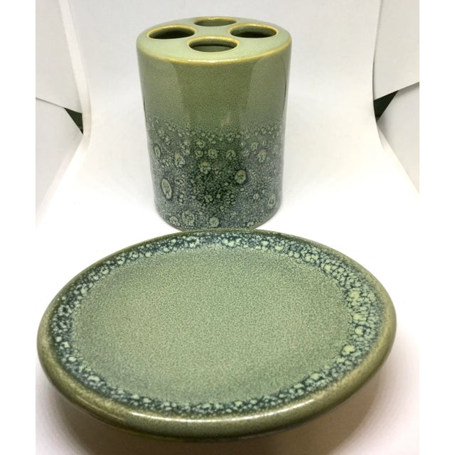 Wonderful ceramic set of organizers. The brush holder can be used for toothbrushes or make up brushes or pens and pencils...