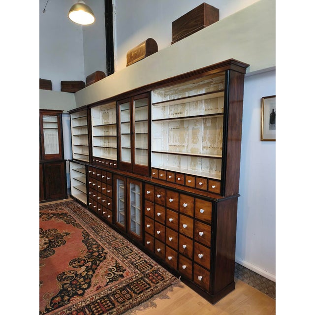 Large Wood Pharmacy Display Cupboard with Drawers, Early 1900s, Set of 4 For Sale - Image 16 of 18
