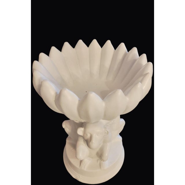 1990s Vintage White Ceramic Monkey Bananas Tall Catchall Statues Bowls- A Pair For Sale - Image 5 of 8