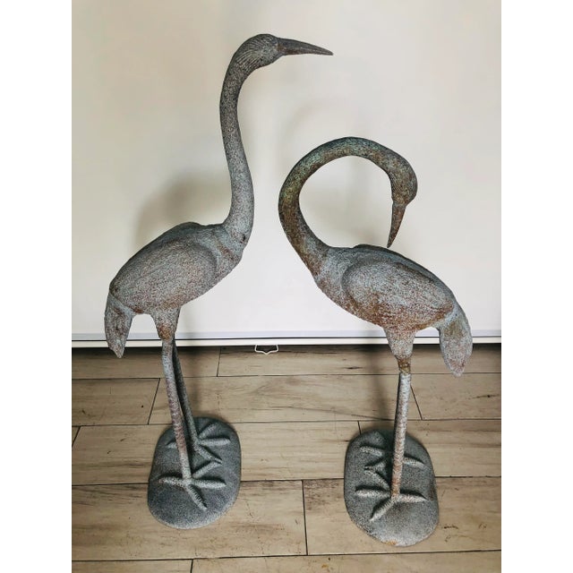 Metal Large Vintage Bronze & Verdigris Finish Crane Sculptures - A Pair For Sale - Image 7 of 7