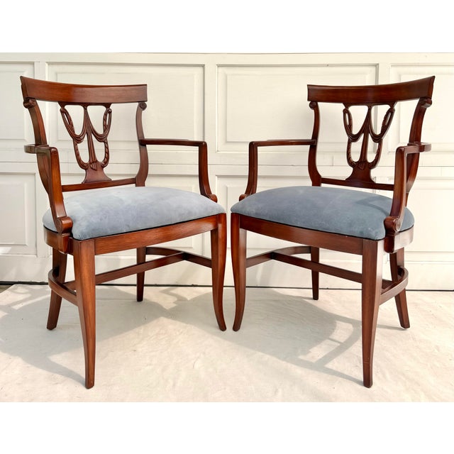 Set of 6 Neoclassical Dining Chairs With Carved Swag Backs, Blue Velvet Upholstery For Sale In Los Angeles - Image 6 of 18
