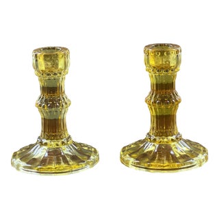 Vintage Yellow Glass Candle Holders- a Pair For Sale
