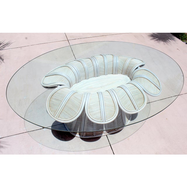 Wood Vintage Hollywood Regency Style Flower Pencil Reed Rattan Pedestal Dining Table With Oval Glass Top For Sale - Image 7 of 18