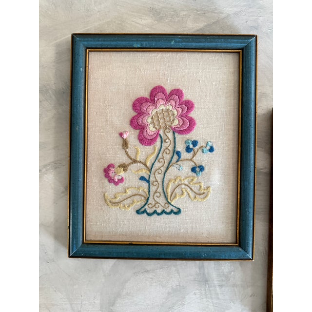 Vintage Framed Crewel Floral Embroidery Blue - A Pair For Sale - Image 4 of 9
