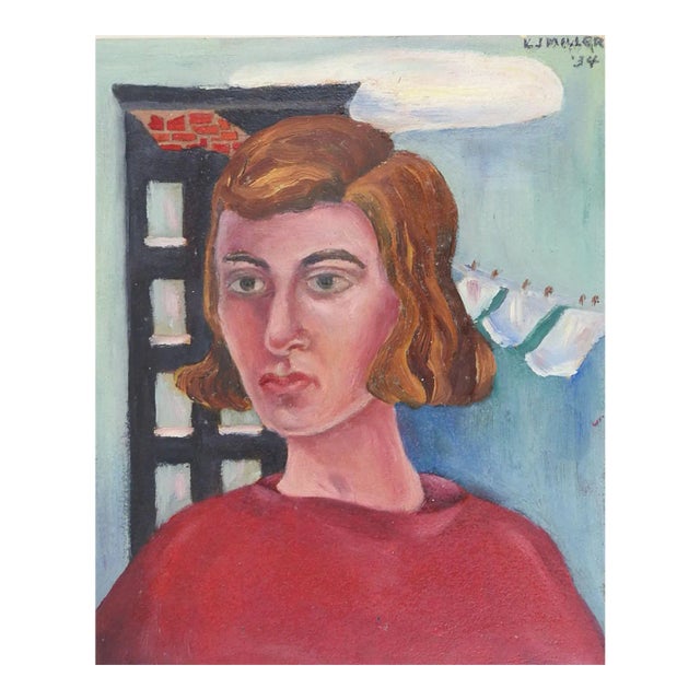 Vintage 1934 Woman in Red & Laundry Portrait Painting For Sale