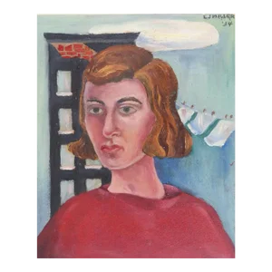 Vintage 1934 Woman in Red & Laundry Portrait Painting