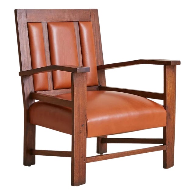 French Colonial Wood + Cognac Leather Armchair, 1944 For Sale