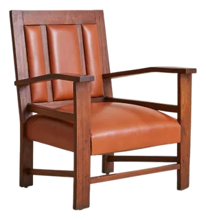 French Colonial Wood + Cognac Leather Armchair, 1944