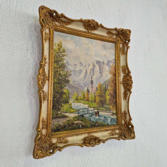 1960s Landscape with Mountain, Nature and Church, 20th Century, Oil on Canvas, Framed For Sale - Image 5 of 9
