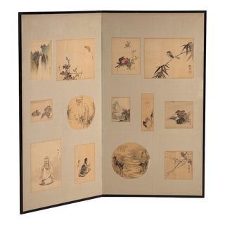 Antique Japanese Two-Panel Screen with Mounted Paintings, Japan, 1900 For Sale
