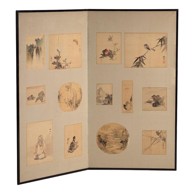 Antique Japanese Two-Panel Screen with Mounted Paintings, Japan, 1900 For Sale