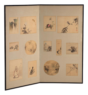 Antique Japanese Two-Panel Screen with Mounted Paintings, Japan, 1900