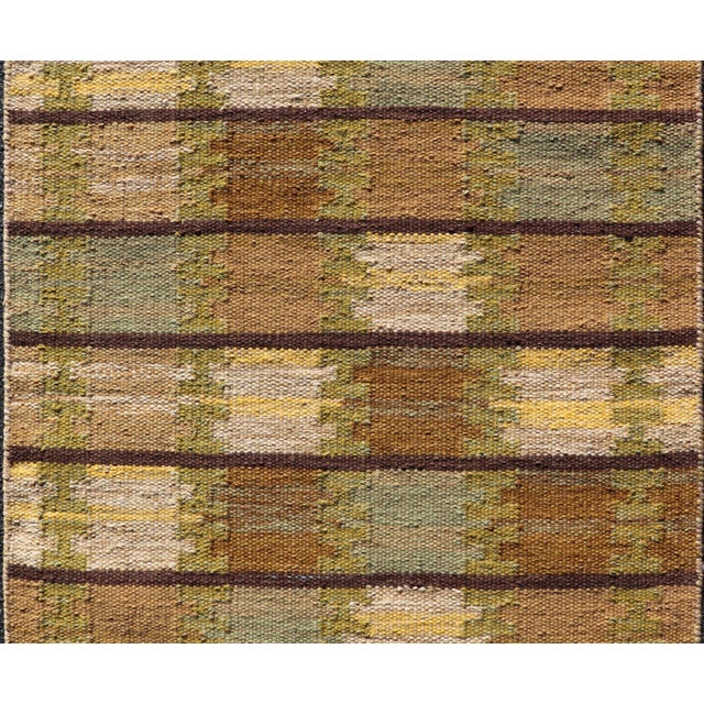 Mid-Century Modern Modern Scandinavian Flat Weave Rug in Olive, Brown, and Soft Beige For Sale - Image 3 of 10