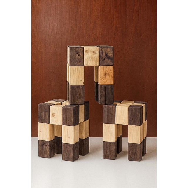 Brutalist Vintage Wood Stools with Checkerboard Pattern, 2015, Set of 3 For Sale - Image 3 of 3