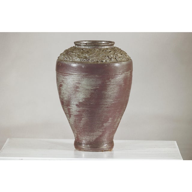 Brown Artisan Ceramic Vase with Silvered Mauve Glaze and Textured Rim For Sale - Image 8 of 12