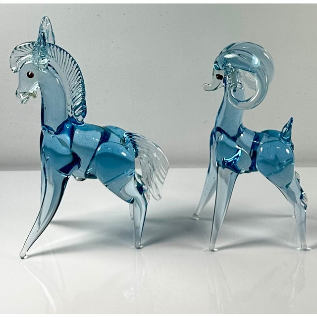 Cerulean Vintage Seguso Murano Style Glass Pair Ram & Zebra Figurines Cerulean Blue For Sale - Image 8 of 11