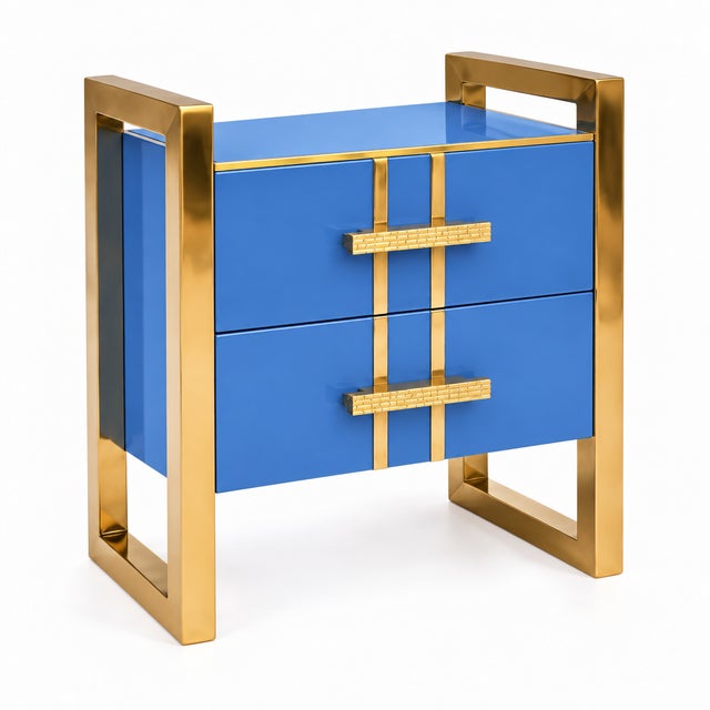 Cornflower Blue Glass Nightstands with Brass Frames and Drawers from Justfurnituress SRL, Set of 2 For Sale - Image 4 of 10