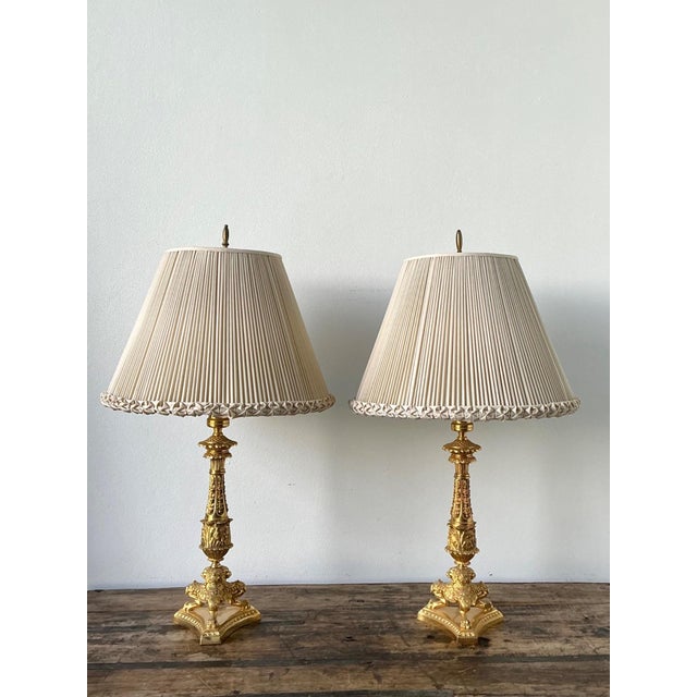 Gold Vintage Empire Gilt Candlestick Lamps - A Pair For Sale - Image 8 of 12