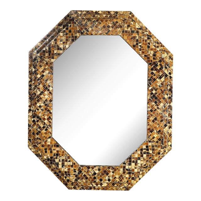 Mid-Century Octagonal Tessellated Penshell Mirror in the Manner of Karl Springer For Sale