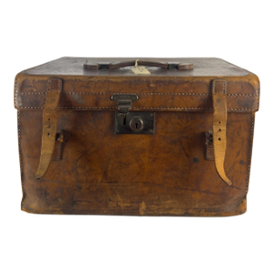Antique English Leather Hat Box With Red Silk Interior & “t.s.” Initials
