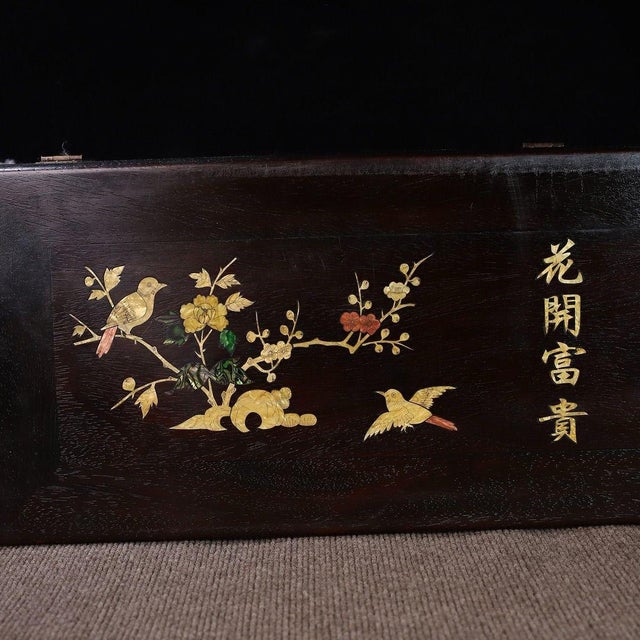 Large Vintage Zitan Wood Treasure Box With Mother-of-Pearl Bird & Floral Inlay For Sale In Los Angeles - Image 6 of 10