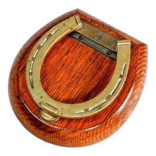 Lovely English Victorian Antique Brass Desk Clip Equestrian Horseshoe Wood Shield For Sale