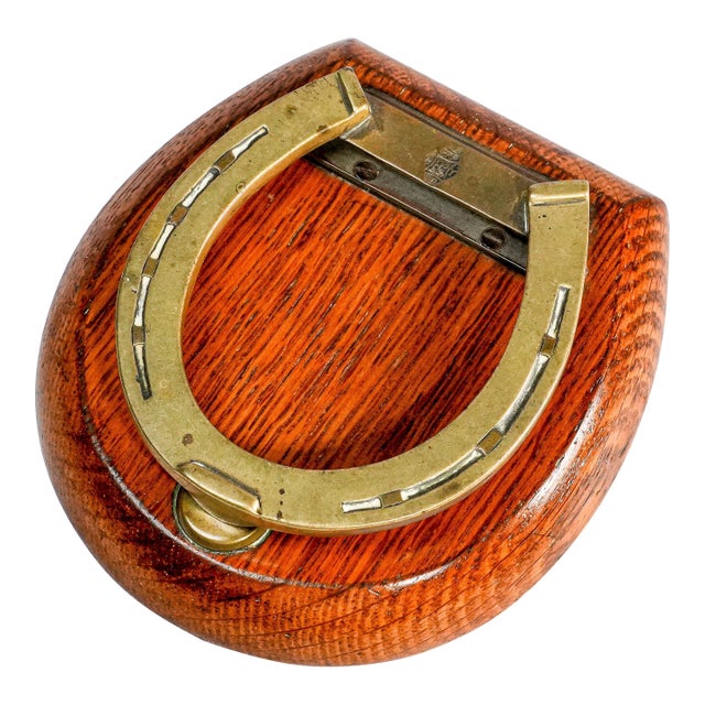 Lovely English Victorian Antique Brass Desk Clip Equestrian Horseshoe Wood Shield For Sale