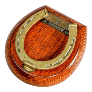 Lovely English Victorian Antique Brass Desk Clip Equestrian Horseshoe Wood Shield