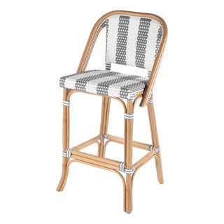 Lila Rattan 28 in. Seat Height Bar Stool with Back and Footrest, Gray/White Stripe/ Natural Rattan Frame For Sale