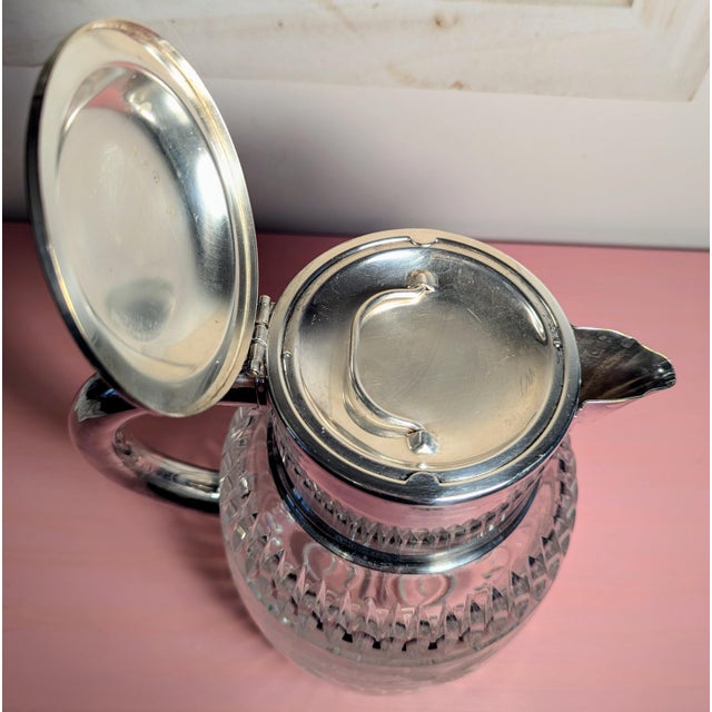 Transparent Vintage Etched Cut Crystal Water Pitcher Silverplate Handle Made in Germany d.r.g.m. For Sale - Image 8 of 12