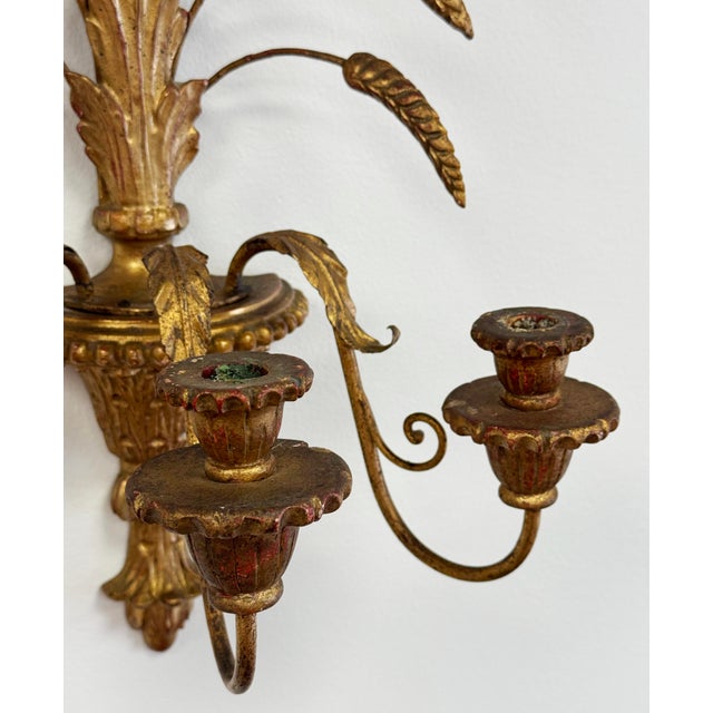Gold Vintage Italian Gilt Wood Tole Sheaf of Wheat Candle Sconces, a Pair For Sale - Image 8 of 9