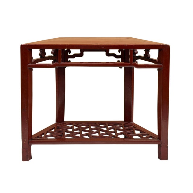 Distressed Reddish Brown Trapezoidal Geometric Lattice Panel Console Table For Sale - Image 4 of 13