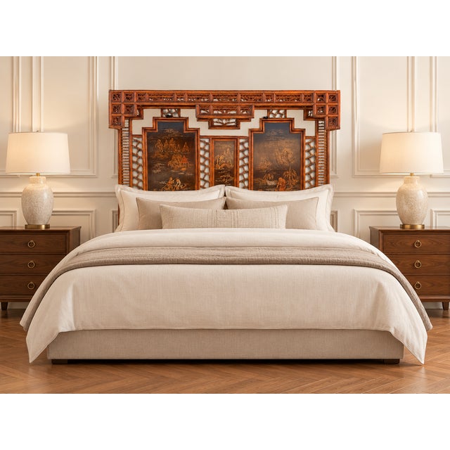 An exceptional vintage king-size headboard by Henredon, featuring an elaborate Asian-inspired architectural design with...