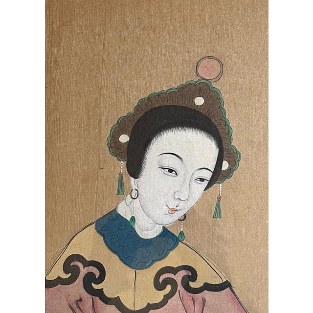 Antique 19th century Chinese painting on silk, portrait of a lady. Paint pigments on silk square laid on silk panel...