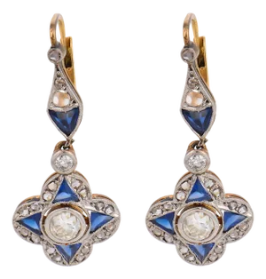 1910's Pair of Edwardian Diamond Sapphire 18k Yellow Gold Drop Earrings