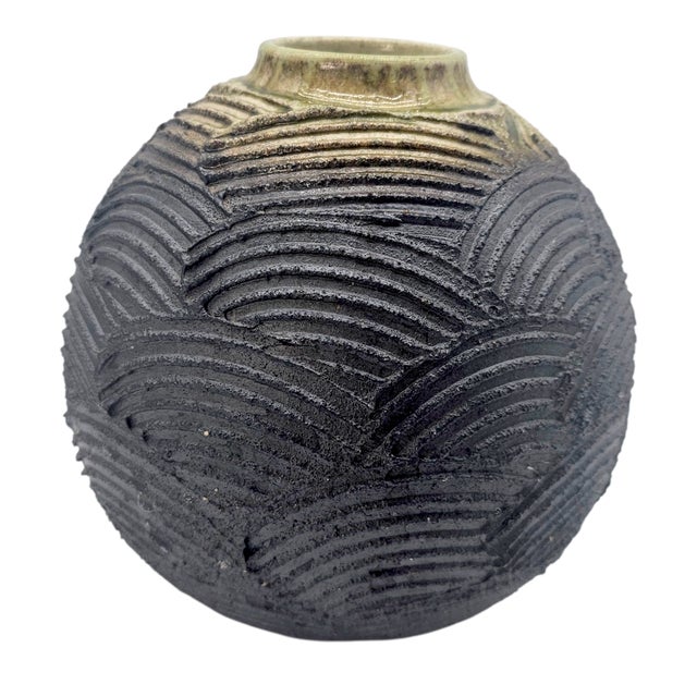 Contemporary 1990s Japanese Shigaraki Stoneware Textured Wave Vase With Original Box For Sale - Image 3 of 14