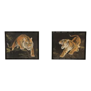 1970s Chinese Crouching Tiger Silk Paintings - A Pair