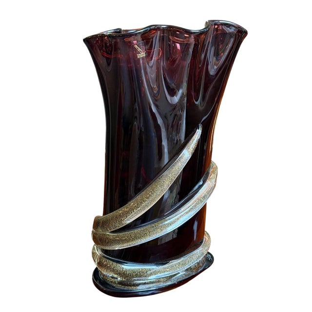 Signed Camozzo Murano Dark Amethyst Art Glass Vase With Gold Flecks. For Sale In Los Angeles - Image 6 of 8